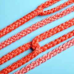 Braided ropes in shades of red and pink arranged on a light blue surface