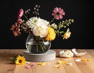 A bouquet of colorful flowers in a glass vase on a wooden table