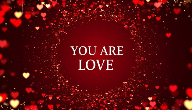 Red heart confetti background.  "You are love" text