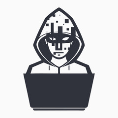 Dark figure with mask and hoodie working on a laptop appears suspicious