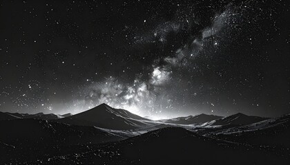 A serene, star-studded night sky over a mountain range