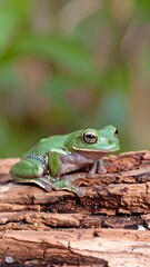 A small, vibrant green frog sits atop a piece of weathered driftwood in a blurred background of green foliage