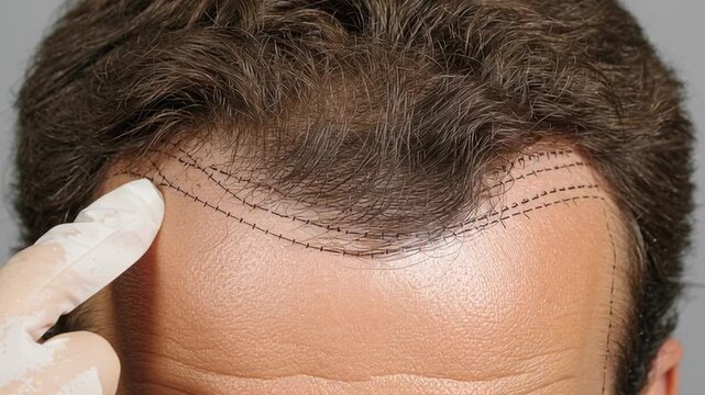 4k video of a hair transplant surgeon plans out the hairline.