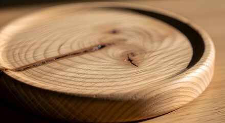 Close-up of a handcrafted wooden plate showcasing natural grain and growth rings beautiful texture