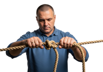 Man Tying Rope Knot Achievement Concept Leadership Strength Connection Marriage Resolve Safety Brown Cord Challenge Trust