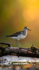A small wading bird perched on a log in shallow water, bathed in golden sunlight