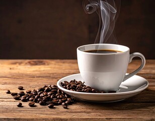 A steaming cup of coffee on a wooden table with coffee beans