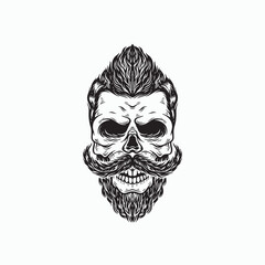 Edgy skull with a cool mohawk and beard, perfect for tattoo designs, rock band merchandise, or dark humor graphics projects needing vintage style