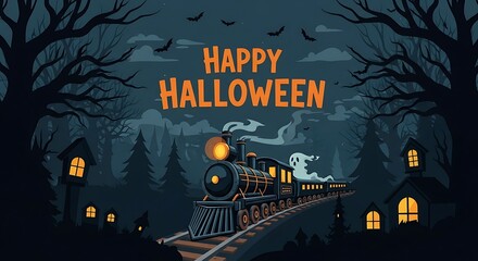 Cartoon Halloween Scene with Spooky Train, Ghosts, and Bats in a Dark Forest