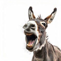 Close-up of a donkey with a wide-open mouth.  Funny expression