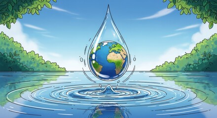 Artistic illustration depicting Earth inside a water droplet, symbolizing water conservation and the environment.