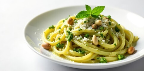 Creamy pesto pasta, cheese, pine nuts, white background, pine nuts, culinary