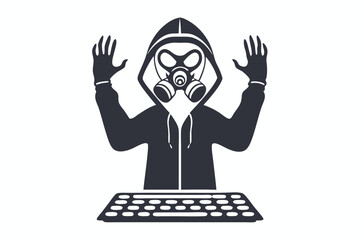 Dark monochrome hooded figure utilizes laptop while wearing a gas mask for protection