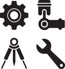 Engineering Tools Icon Set: Gear, Piston, Compass, Wrench

