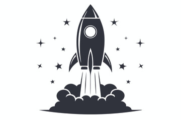 Dark monochrome rocket launching through clouds amidst scattered stars shines with potential and innovation