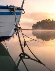 A small white boat moored in a calm waterway at sunrise