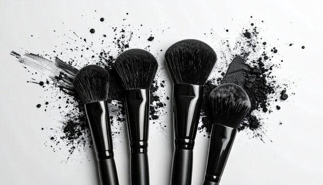 Black makeup brushes on white background with scattered powder - Powered by Adobe
