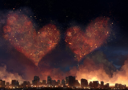 Ai colorful fireworks create heart shapes over a city skyline during a festive evening celebration in summer