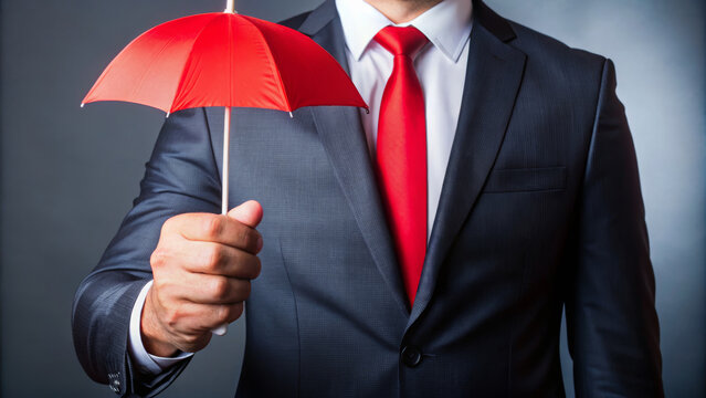 Red umbrella held by businessman in suit and red tie symbolizing protection and rights for user in confident and professional setting - Powered by Adobe