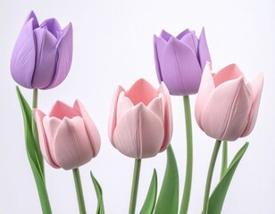 A close-up of pastel tulips on a white background.  Soft petals and leaves