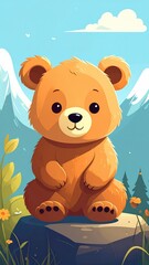 Cute cartoon bear sitting on a rock in a landscape