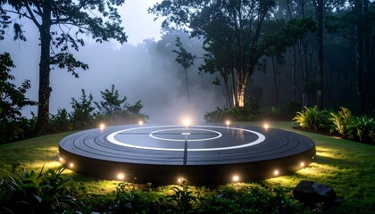 Illuminated Circular Structure in Forest Setting with Lush Greenery and Fog