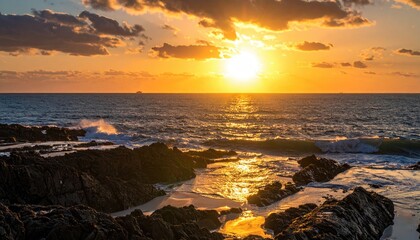 Dramatic sunset over a rocky coastline