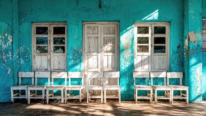 Row of white wooden chairs in front of a teal-colored building with white framed windows and doors. Sunlight casts shadows on the exterior