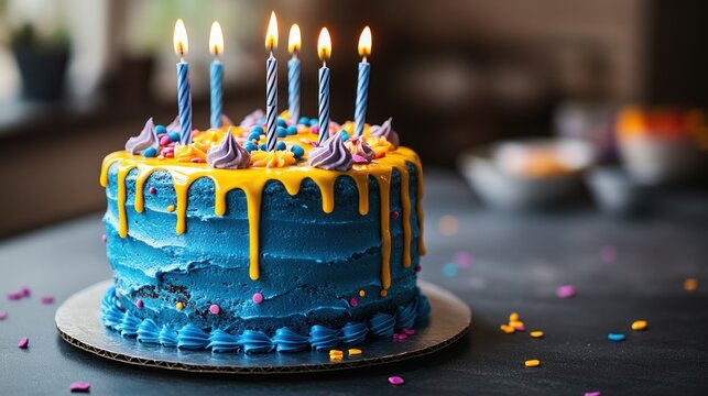 Vibrant birthday cake with blue frosting and dripping yellow icing