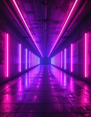 Neon-lit tunnel with vibrant pink and purple hues.  Perspective and reflection create depth