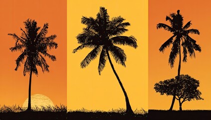 Three silhouette palm trees against sunset