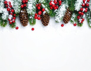 Festive winter border with snow, pine branches, and berries