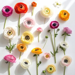 Colorful ranunculus flowers arranged on a white background. Sunlight highlights the blossoms