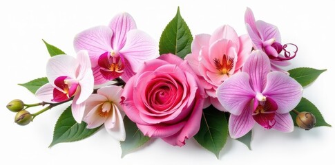 Elegant bouquet of roses and orchids, isolated on white , beauty, summer