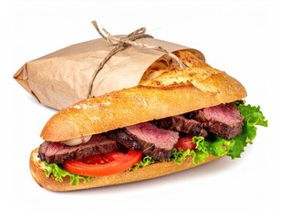 Two gourmet sandwiches wrapped in brown paper bags