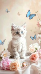 Adorable kitten surrounded by flowers and butterflies (1)