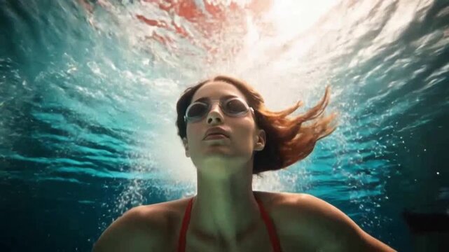 Under the Surface: A serene view of a woman gracefully gliding beneath the water's surface, with the sun's rays filtering down from above. It encapsulates the peace and beauty of the underwater world.