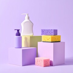 Colorful cleaning supplies displayed on geometric platforms