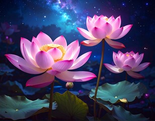 Pink lotus blossoms under a starry night sky