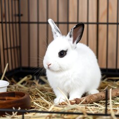 A small white rabbit sits in a wire cage filled with straw