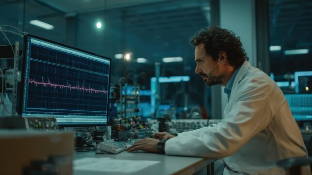 Concerned Scientist Monitoring Seismograph in Modern Lab
