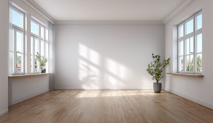 Empty room with sunlight streaming through large windows