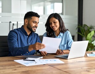 Two Colleagues Discussing Business Strategy with Laptop and Documents in Modern Office
