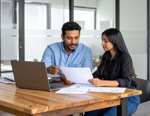 Obraz premium Two Colleagues Discussing Business Strategy with Laptop and Documents in Modern Office