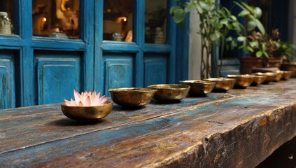 Wooden table with brass bowls and a pink succulent