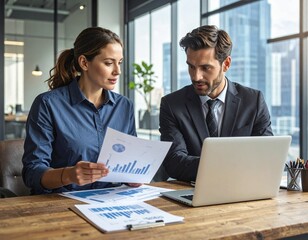 Obraz premium Two Colleagues Discussing Business Strategy with Laptop and Documents in Modern Office