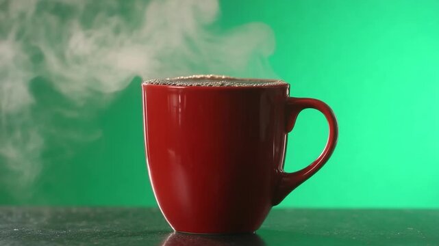 Steaming Cup of Coffee: A close-up shot of a red ceramic coffee mug, filled with a steaming hot beverage, captured in a studio setting. It has a vibrant, inviting appeal.