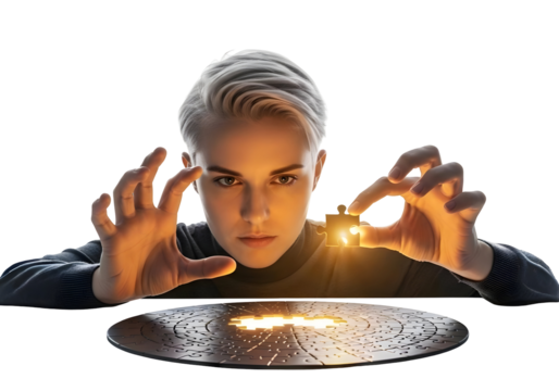 Puzzle Piece Solution Concept with Person Solving Round Jigsaw. Solving Problems Strategy. Success Completion Teamwork Goal Achievement Concept