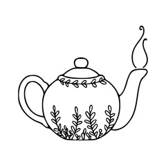 herbal teapot outline with steam and botanical decoration