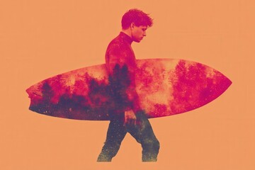 Young male surfer in striking silhouette showcasing vibrant emotional connection to nature carrying a surfboard with a forest backdrop highlighting adventure and exploration spirit
